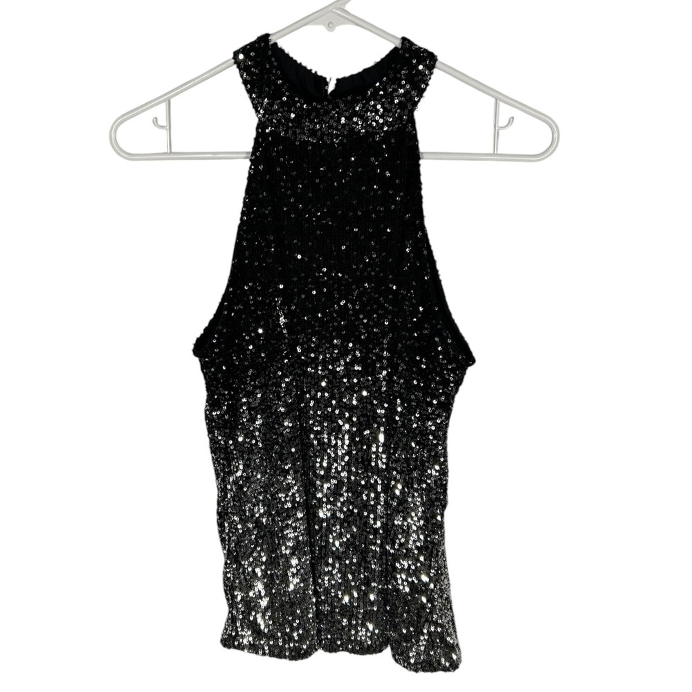 Cable & Gauge Womens Black Silver Ombre Sequin Halter Top Size M High Neck Party